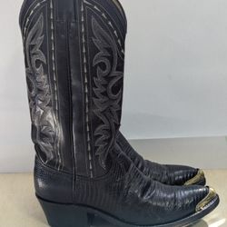 Vintage Dan Post Cowboy Boots Mens 7 EW Lizard Black Leather Western Brass Toe