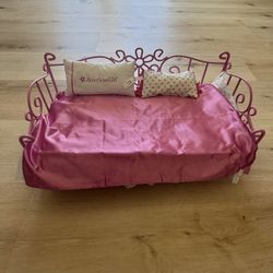 American Girl Doll Bed Pink Metal Frame w/ Mattress & Pillows