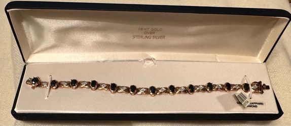 18k Gold over Sterling Silver Genuine Sapphire & Diamond Tennis Bracelet