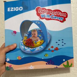 EZIGO Baby Pool Float with Canopy UPF50+ Sun Protection, Inflatable Kids Pool Floats with Ocean Animal Toys for Baby 6-36 Months, Infant Swimming Floa