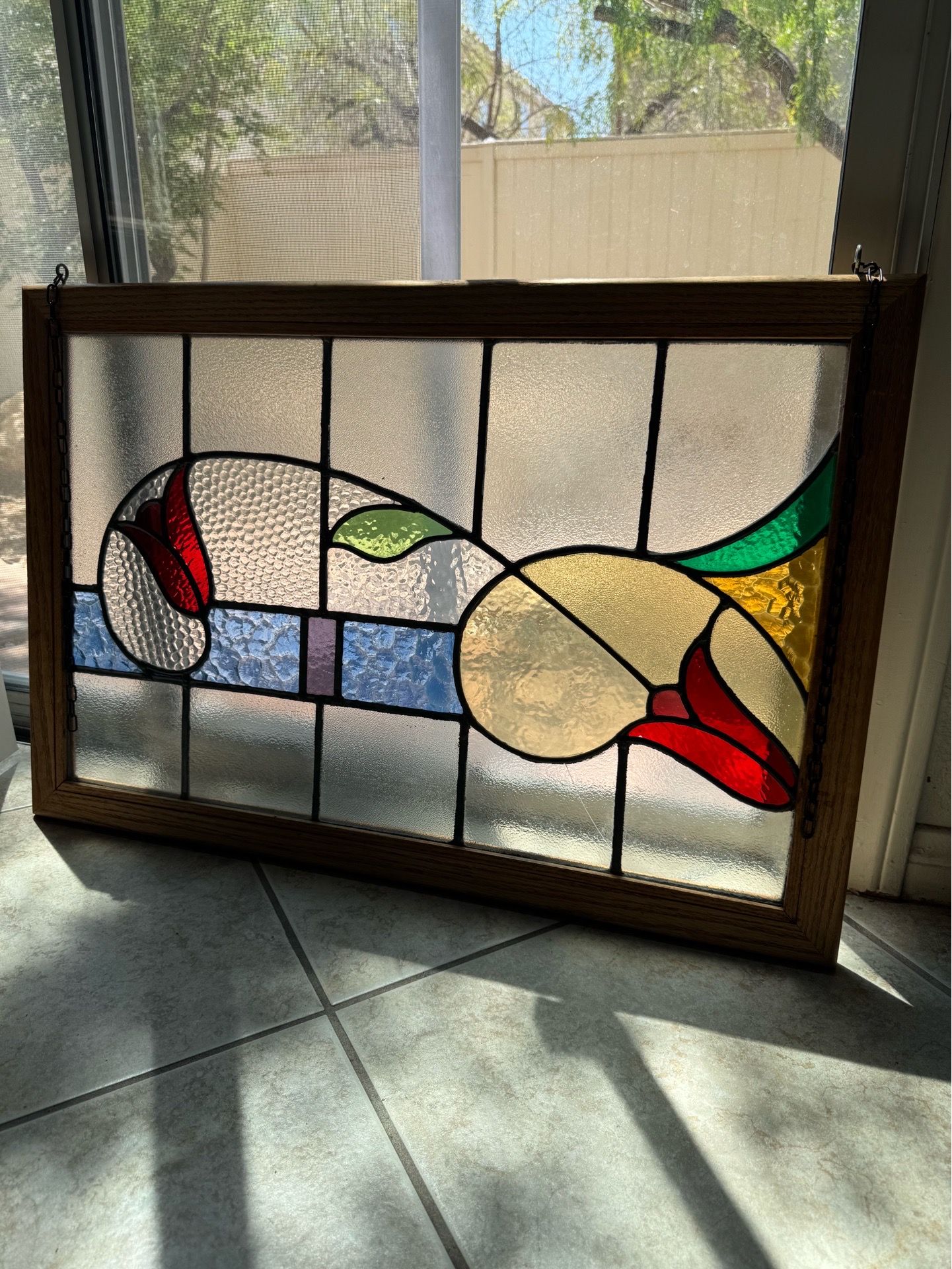 Antique Victorian Stained Glass Window Panel Wall Art 33”x22”