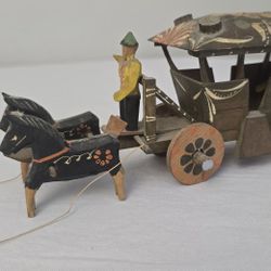 Vtg 1943 German Hand Carved Made Wooden Horse Drawn Stagecoach Carriage