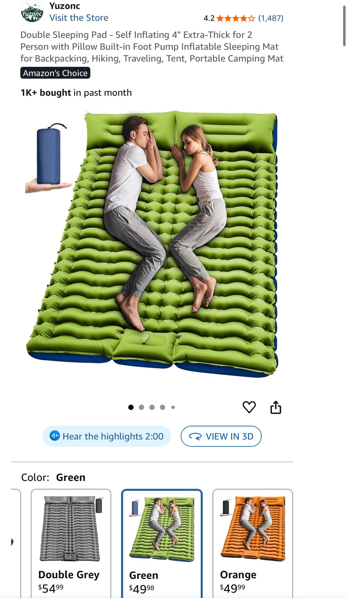 Double Sleeping Pad - Self Inflating 4" Extra-Thick for 2 Person with Pillow Built-in Foot Pump Inflatable Sleeping Mat