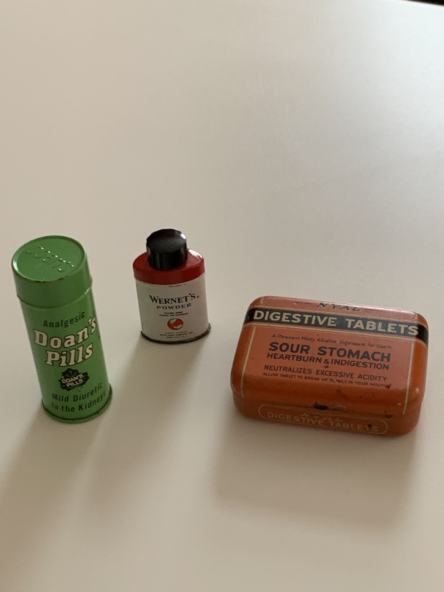Vintage MEDICINE CABINET ITEMS: DOAN’S PILLS, NYAL TABLETS & WERNET’S POWDER-Tin Containers