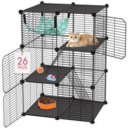 VISCOO Cat Cage, 3-Tier DIY Catio Cat Enclosures, 24" X 16" X 36" Cat Playpen Indoor & Outdoor With Hammock, Detachable Metal Wire Kennel Cats Crate, 