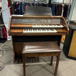 Lowrey Pageant 2-Tier 88 Key Wooden Electric Organ W/ Bench That Has Storage For Music-Works