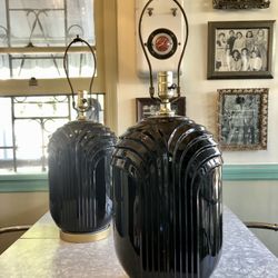 Large Vintage Black Art Deco Revival Glass Table Lamps, Set of 2, Reverse-Painted Glass, Postmodern Lamps