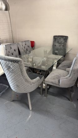 Glass Top Dining Table with 6 Velvet Chairs
