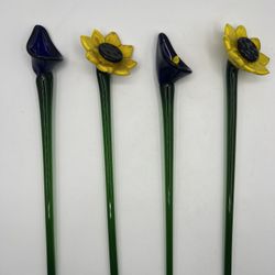 Lot of 4 Vintage 12” Hand Blown Glass Flowers 2 Sunflowers, 2 Cali Lilies 