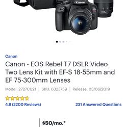 Canon EOS Rebel T7 with EF-S 18-55mm and EF 75-300mm Lenses