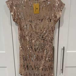 NWT Femi Semi Sequin Embellished Rose Gold Dress, Size Small