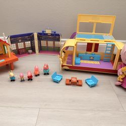 Peppa Pig Toy Lot House School Bus Figures Plush Sound Bundle