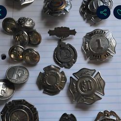 Rare Collection Of Antique Firefighter Badges, Buttons, Memorabilia 