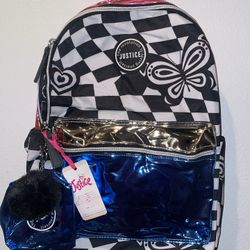 New Justice Girls 17’ Backpack & Zipper Wallet & Pom Keychain 