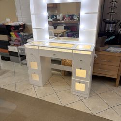 Vanity with Lights 3 Colors, Glass Top Vanity Desk with 7 Lighted Drawers, 4 Shelves, Power Outlet