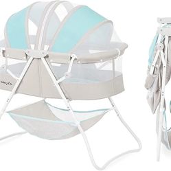 *NEW* Dream On Me Karley Bassinet in Blue & Grey, Lightweight Portable Baby Bassinet, Quick Fold and Easy to Carry , Adjustable Double Canopy