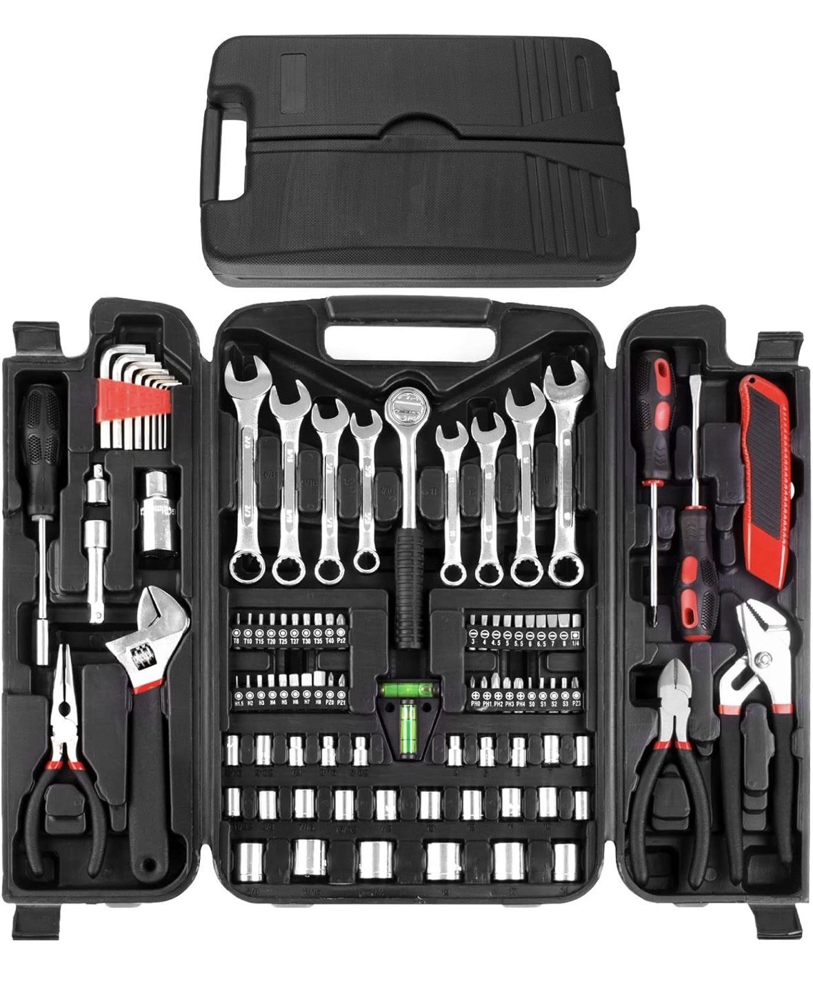 TLGREEN 95-Piece Mechanics Tool Set with Adjustable Wrench, Pliers & Plastic Toolbox (Red)