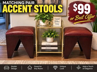 Matching Pair Burgundy Leather Accent Stools