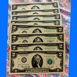 1976 $2 DALLAS TEXAS CURRENCY LOT OF 8 CONSECUTIVE 