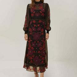 FARM Rio Black Organza Long Sleeve Midi Dress L NWT