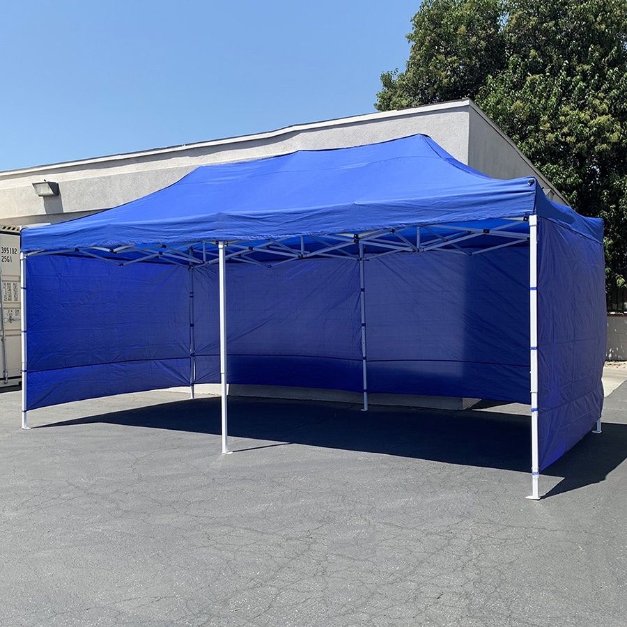 (NEW) $205 Heavy Duty 10x20 FT Canopy (with 4 Sidewalls) Ez Pop Up Outdoor Party Tent w/ Carry Bag (White/Blue) 