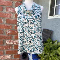 Women's Sleeveless Cowl Neck Blouse with Blue Swirl Print
