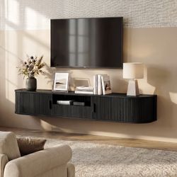New 70" Floating TV Stand with LED Lights, Fluted Mid-Century Modern Entertainment Center with Drawer, Power Outlet & App Control, Wall Mounted TV Con