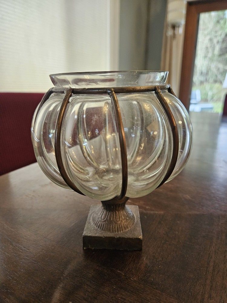 Vintage blown glass caged pedestal bowl