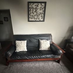 Sophisticated Convertible Leather Futon – Full-Size Bed with Elegant Wood Frame 