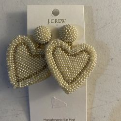 J.CREW ❤️ Ivory White Beaded Heart Statement Earrings Romantic Chic Gift