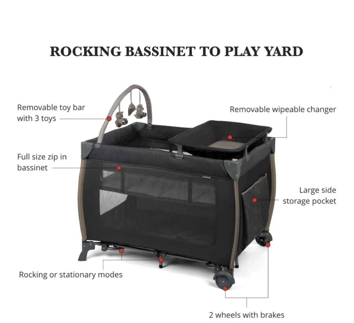 Monbebe Play Yard – Full-Size Rocking Bassinet, Removable Changer & Toy Bar