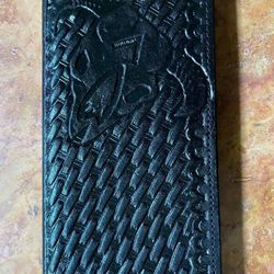 Long Tooled Leather Bifold Wallet Basket Weave Longhorn Steer Skull BLACK