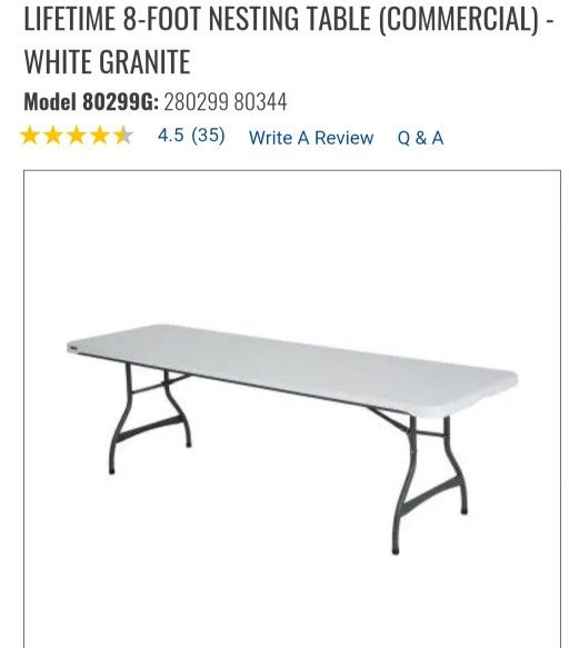 8ft Table- Lifetime Nesting Table (Stock Photo) New Still In Box