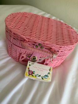 Delton Porcelain Tea Set in Pink Wicker Basket