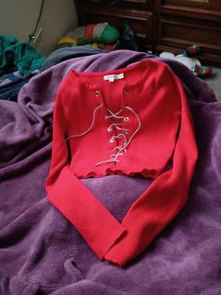 Red Ribbed Lace-Up Crop Top Size M