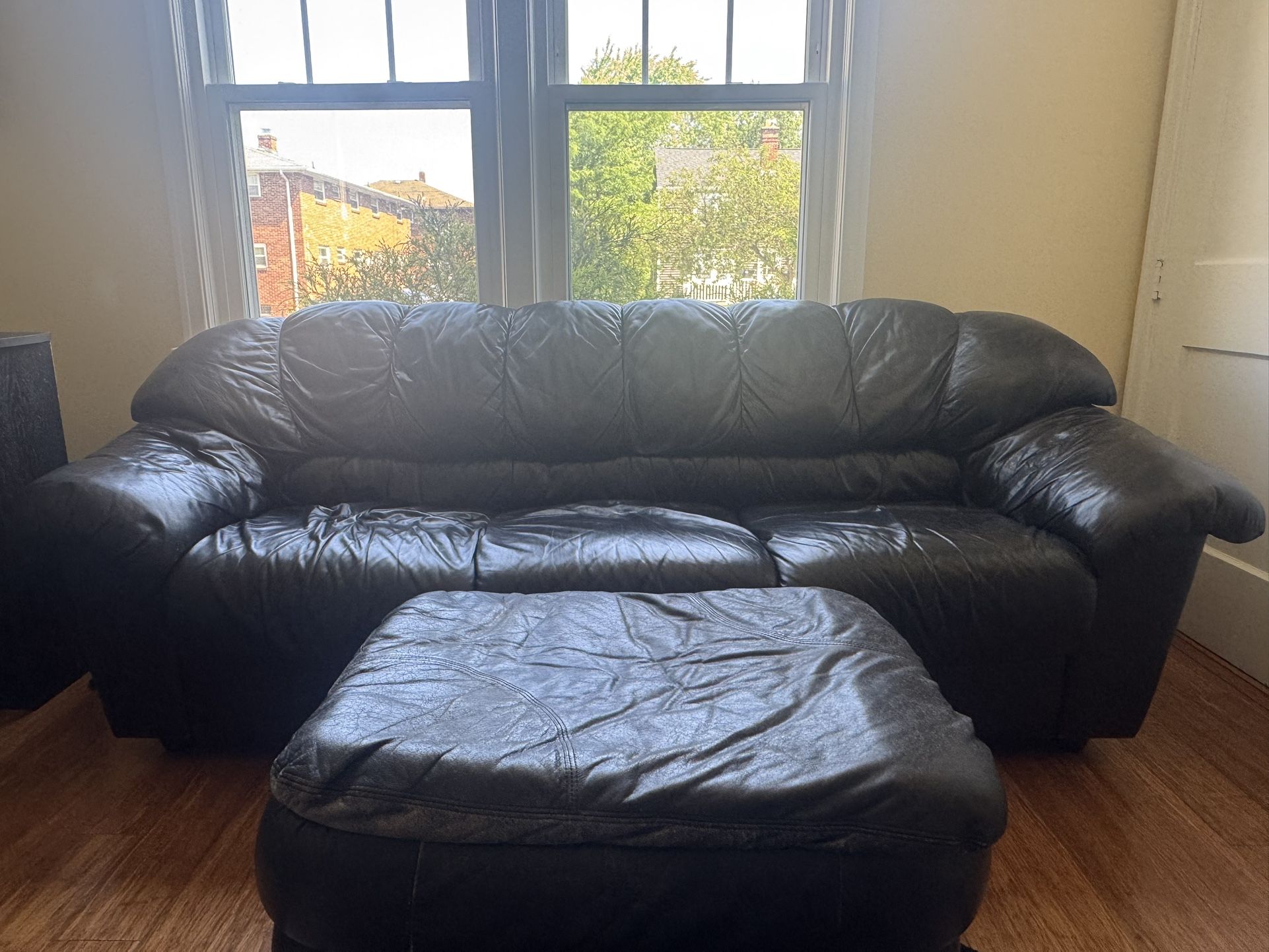 Black Leather Sofa with Ottoman