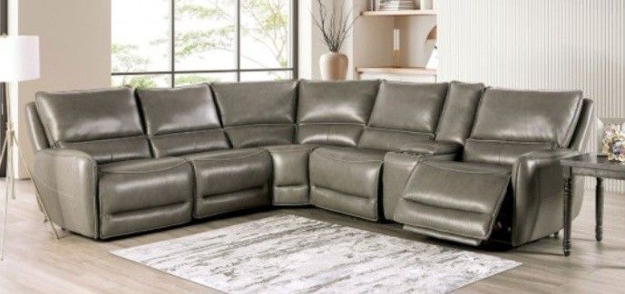 Brand New Grey Top Grain Leather Power Reclining Sectional Sofa