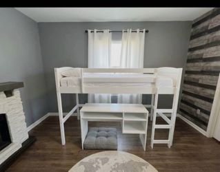 White Wood Loft Bed with Desk