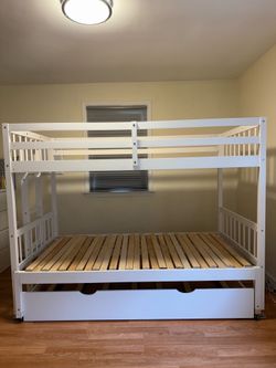 Twin Bunk Bed with Pull-Out King Bed & Trundle – White