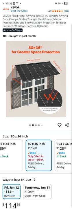 VEVOR Fixed Metal Awning 80 x 36 in, Window Awning Door Canopy, Stable Triangle Steel Frame Exterior Awnings Rain, and Snow Sunlight Protection for Do
