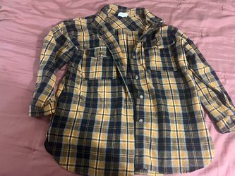 Yellow and Navy Plaid Flannel Shirt large