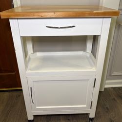 White Rolling Kitchen Cart with Drawer and Cabinet – Butcher Block Top