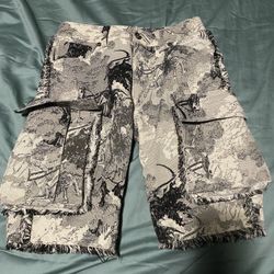 Rebel Vengeance Men's Cargo Shorts Fringe Hem Geometric Black Gray White Cotton