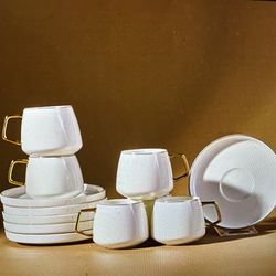 Karaca Saturn white espresso cups with gold accents