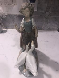 Nao By Lladro Young Girl With Two Geese Porcelain Figurine Spain 11”