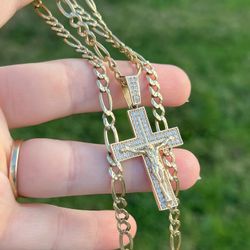 Solid 14k Gold Figaro Chain & Cross Pendant ! 20.5 Grams Heavy Solid 