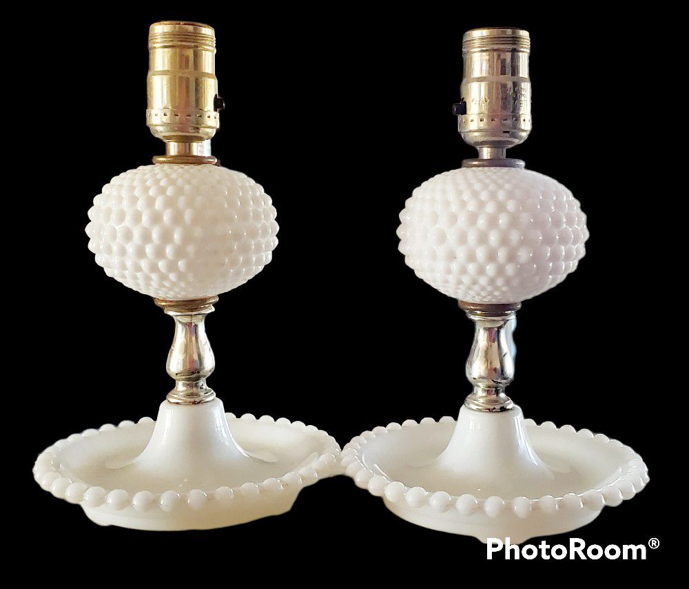 2 Levitan Milk Glass Hobnail Lamps