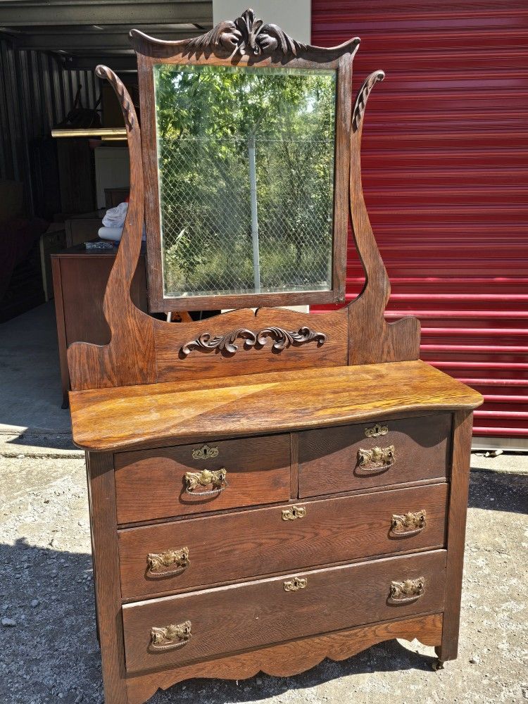 Antique Dark Oak Serpentine Dresser W/ Swivel Mirror