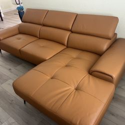 New Leather Match Sectional.  Mustard, Tangerine, Grey.  110x68x29H.  Free Delivery!