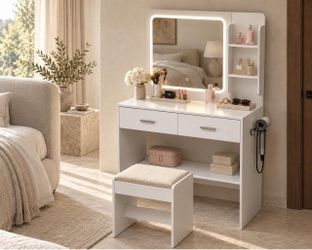 🔥Makeup Vanity Desk with Lighted Mirror with stool and Charging Station P-8